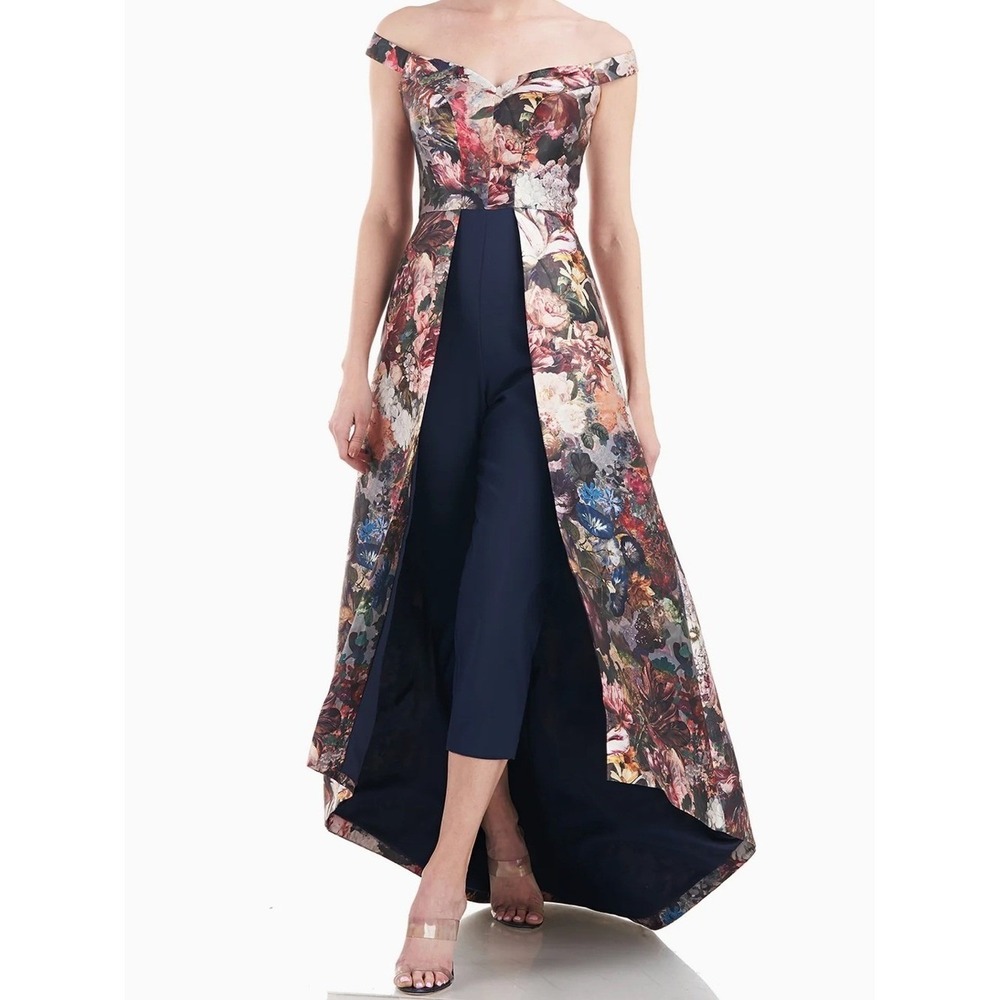 Kay Unger Sophia Walk Through Floral Jumpsuit Gown Off Shoulder High Low Size 6